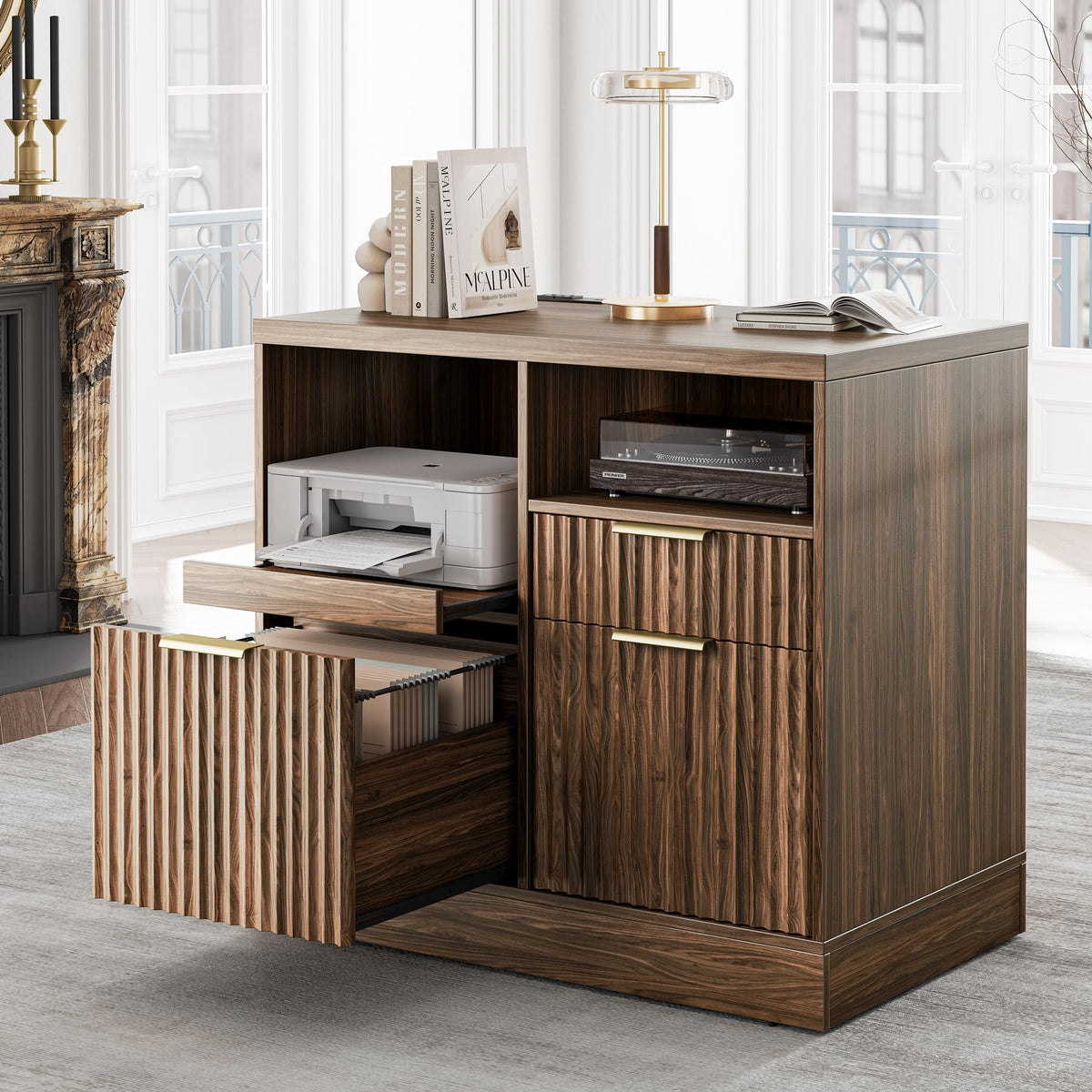 3 Drawer File Cabinet, Fluted Wood Lateral Filing Cabinet with Charging Station for Home Office, Fits for A4/Letter-Sized Files, Printer Stand with Open Storage Shelves, Black Walnut