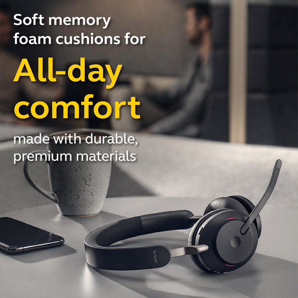 Jabra Evolve2 65 MS Wireless Headphones with Link380c, Stereo, Black – Wireless Bluetooth Headset for Calls and Music, 37 Hours of Battery Life, Passive Noise Cancelling Headphones