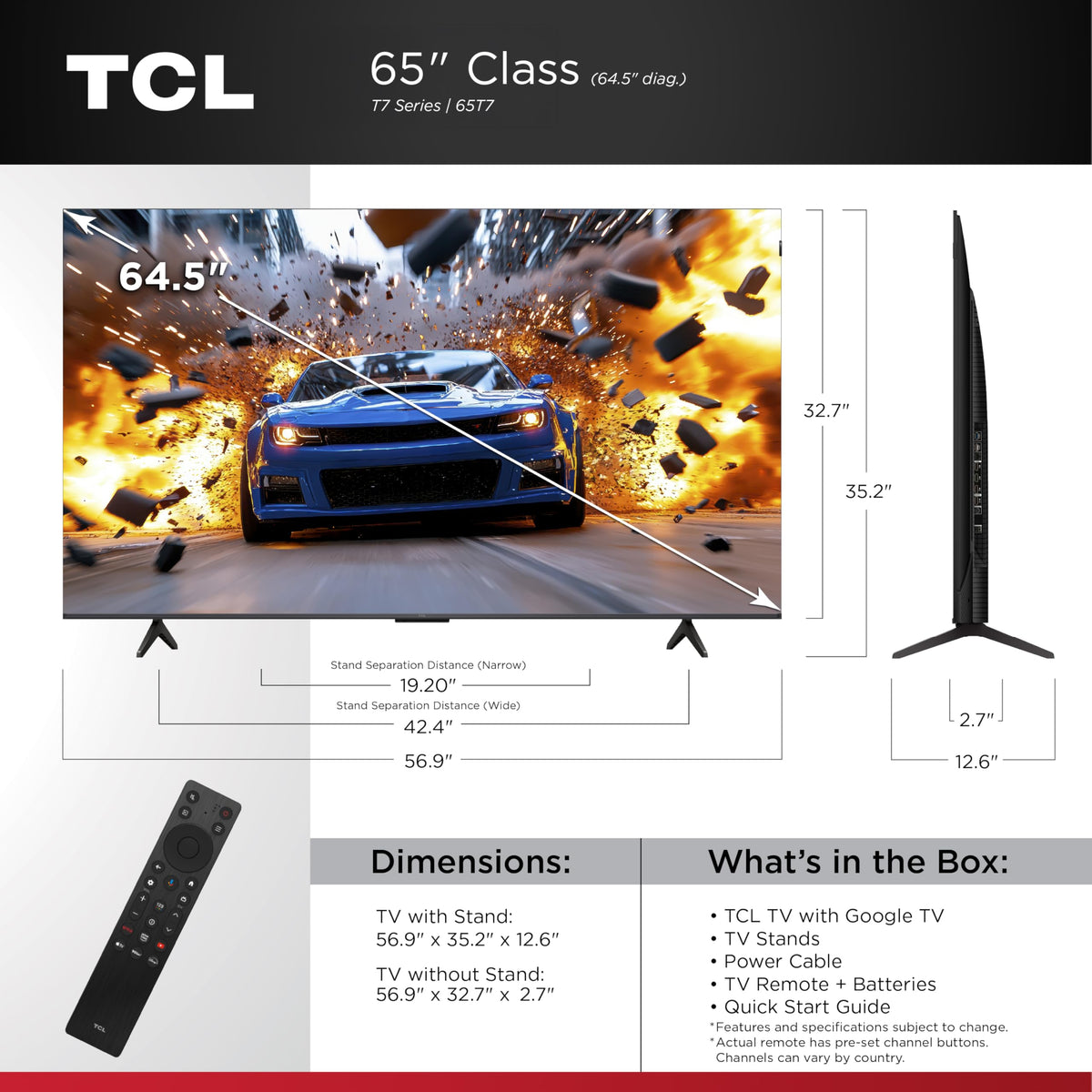 TCL 65 Inch T7 Series 4K 144Hz QLED Smart Google TV, 65T7 (Latest Model)