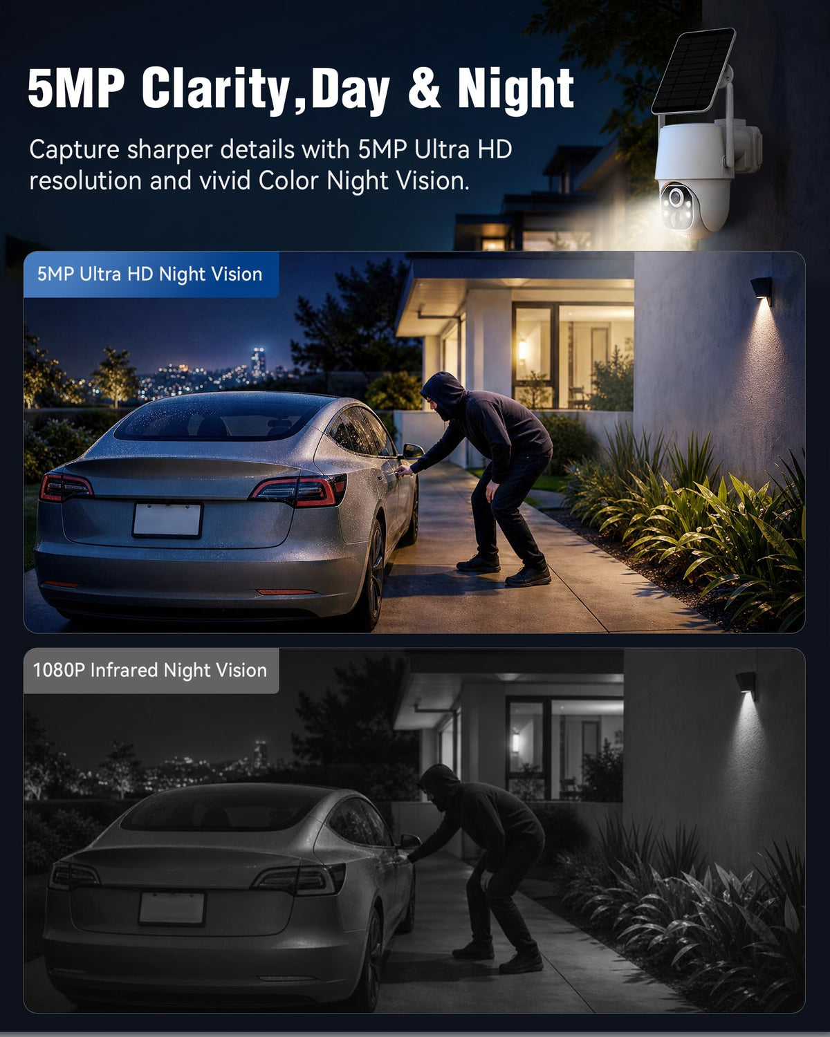 5MP Solar Security Cameras Wireless Outdoor System, 500GB HDD Local Storage, No Subscription, 4-Cam Kit, Up to 10CH, Two-Way Audio, Color Night Vision, 5G/2.4GHz WiFi, TV & Monitor Viewing
