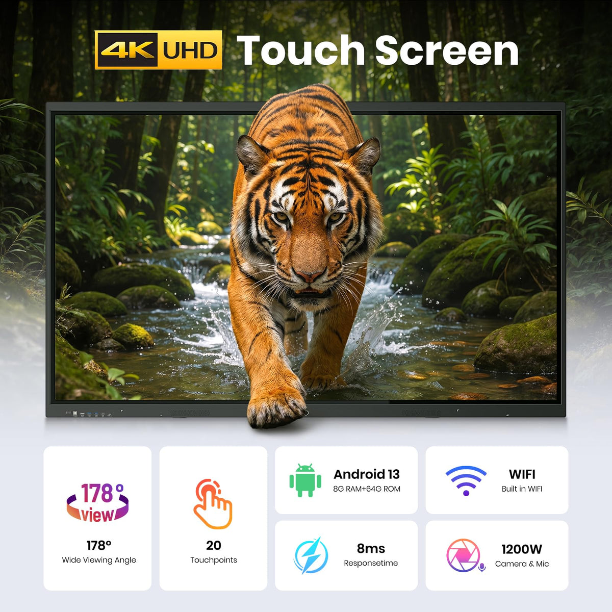 75'' 4K UHD Smart Board, Interactive Digital Whiteboard, 20-Point Touchscreen, All-in-One Electronic Whiteboard for Office Classroom Home Business