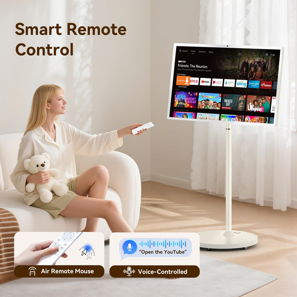 Bisprico 27" Portable Smart TV on Wheels, Qualcomm CPU, EDLA-Certified, Built-in 18000mAh Battery, 8+128GB, Android OS Touchscreen Rolling Tablet TV, Full Swivel Rotation, Remote Control, 13MP Webcam
