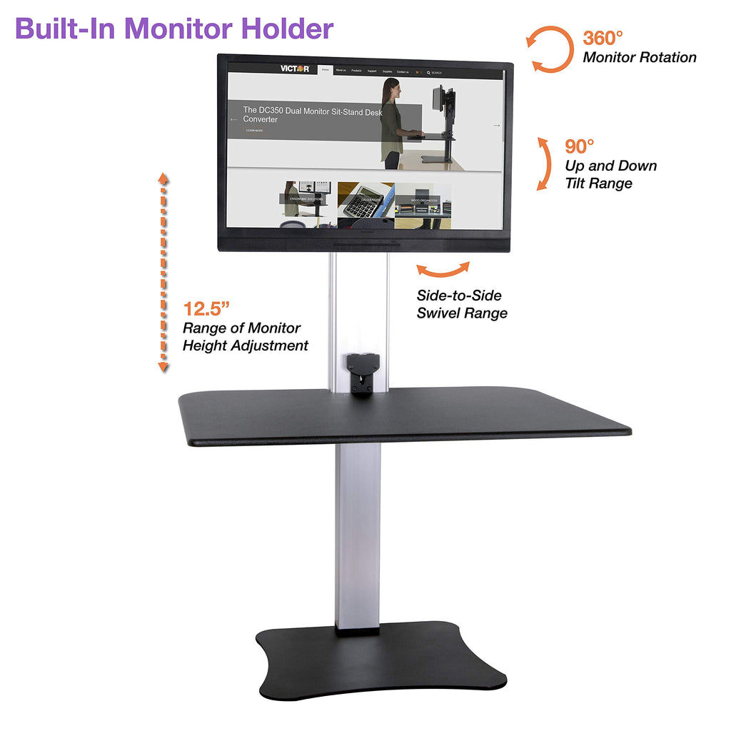 Victor High Rise Electric Sit-Stand Standing Desk Converter with Single Monitor Stand - Height Adjustable Office Desk Workstation for Home, 28" x 23" Work Surface, Black
