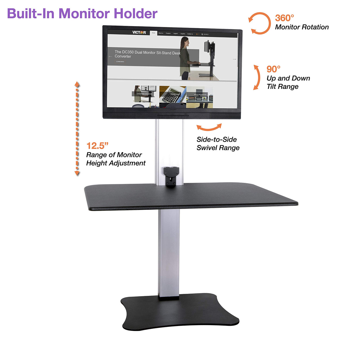 Victor High Rise Electric Sit-Stand Standing Desk Converter with Single Monitor Stand - Height Adjustable Office Desk Workstation for Home, 28" x 23" Work Surface, Black