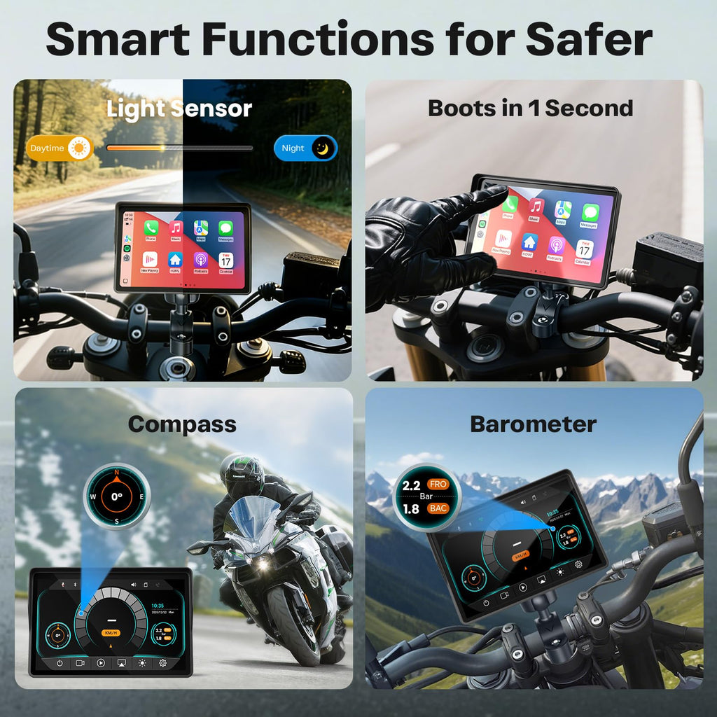 Motorcycle CarPlay Screen with Android Auto – 7” Waterproof GPS, Pantalla para Moto, Apple CarPlay, Navigation System for Motorcycle, Dual 2K Dash Cam Bluetooth Audio,64GB&TPMS with Magnetic