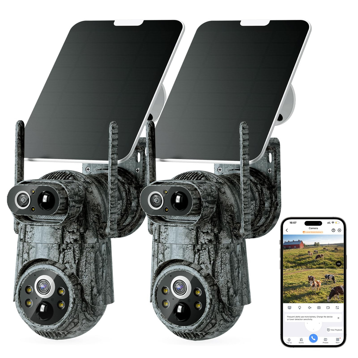 Cellular Security Cameras 2 Pack, 4G LTE, Dual-Lens 2K, Human Tracking