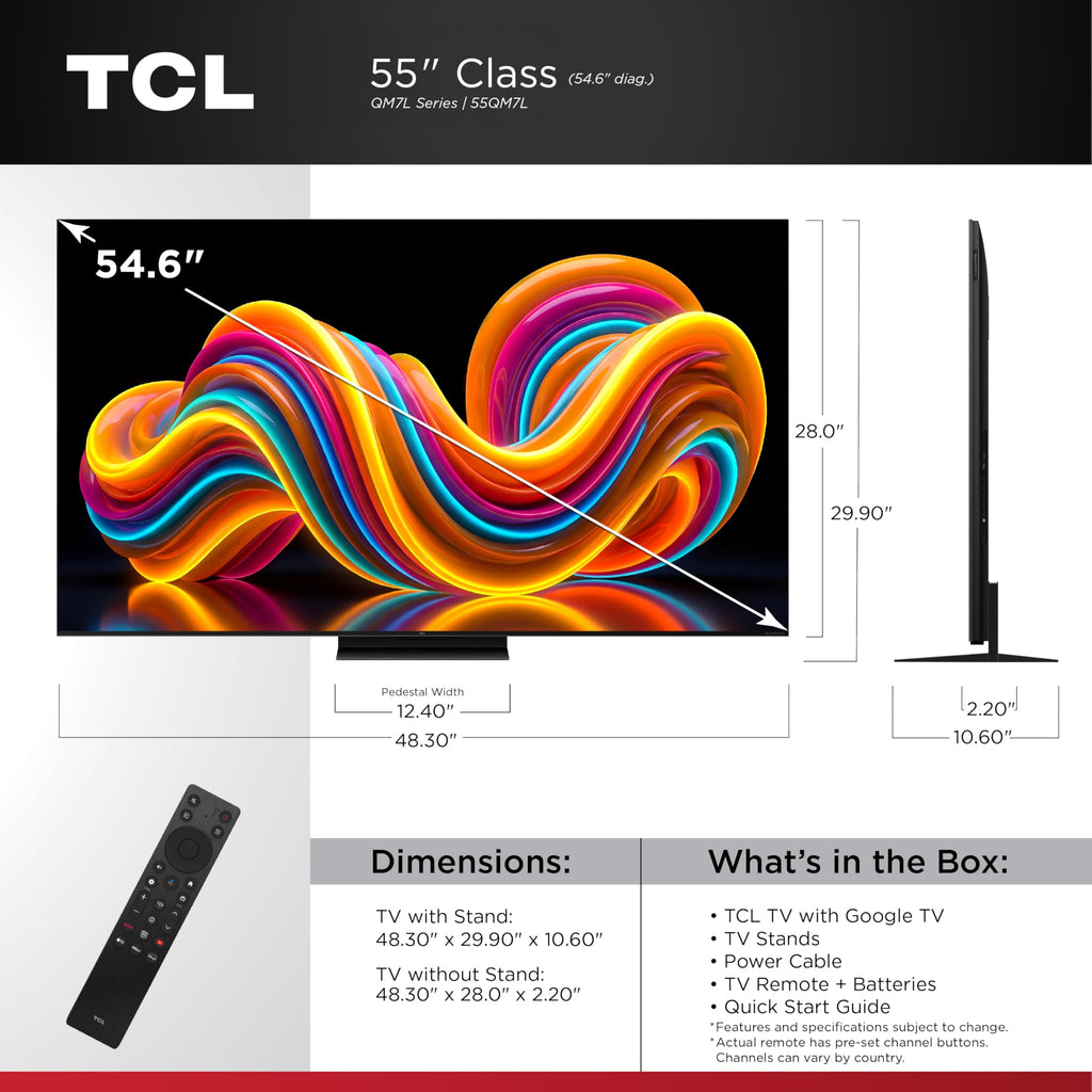 TCL 55 Inch QM7L Series SQD-Mini LED QLED 4K Smart Google TV 55QM7L, 144Hz