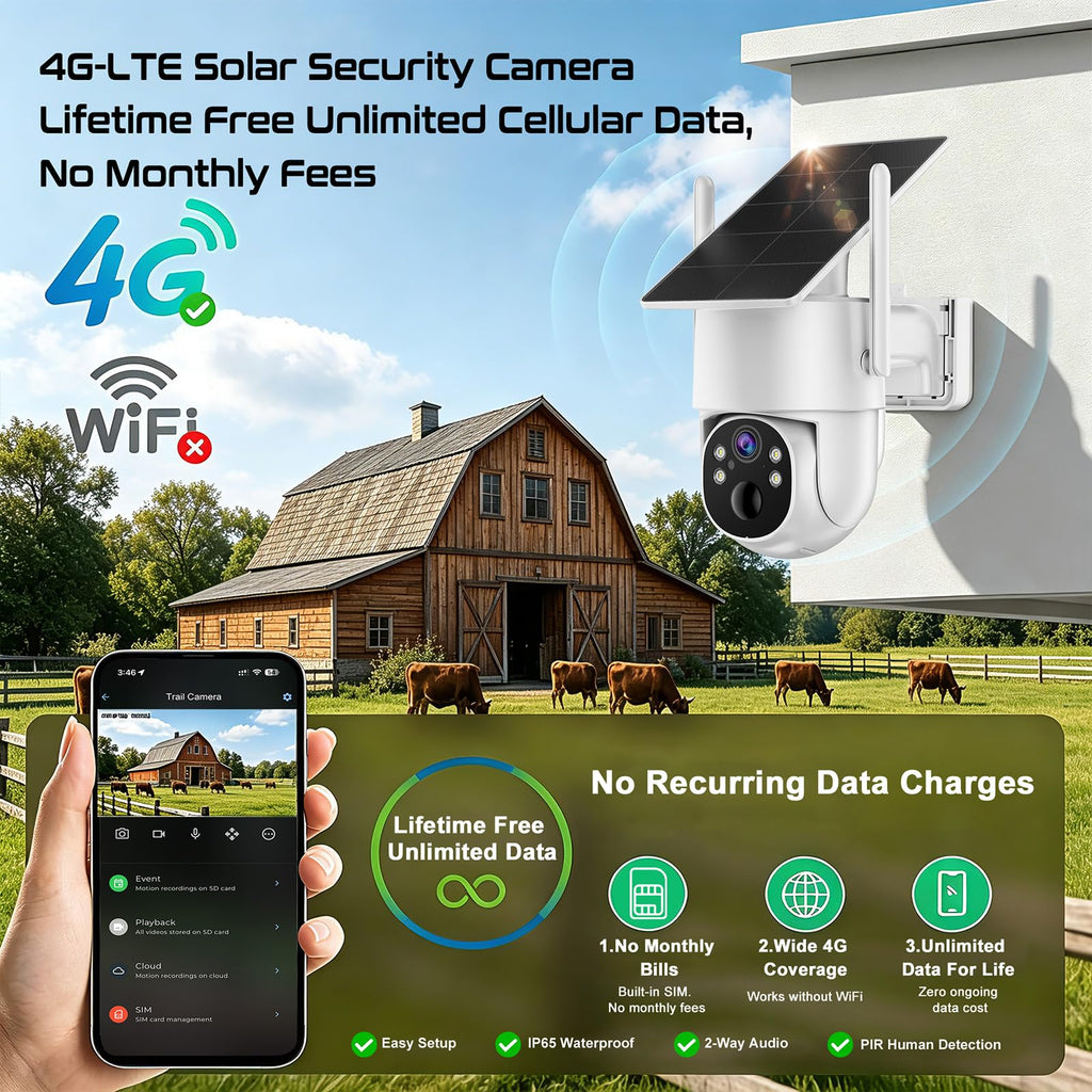 VSKY 4G Cellular Security Camera, Lifetime Free Unlimited Data, 2K Pan Tilt