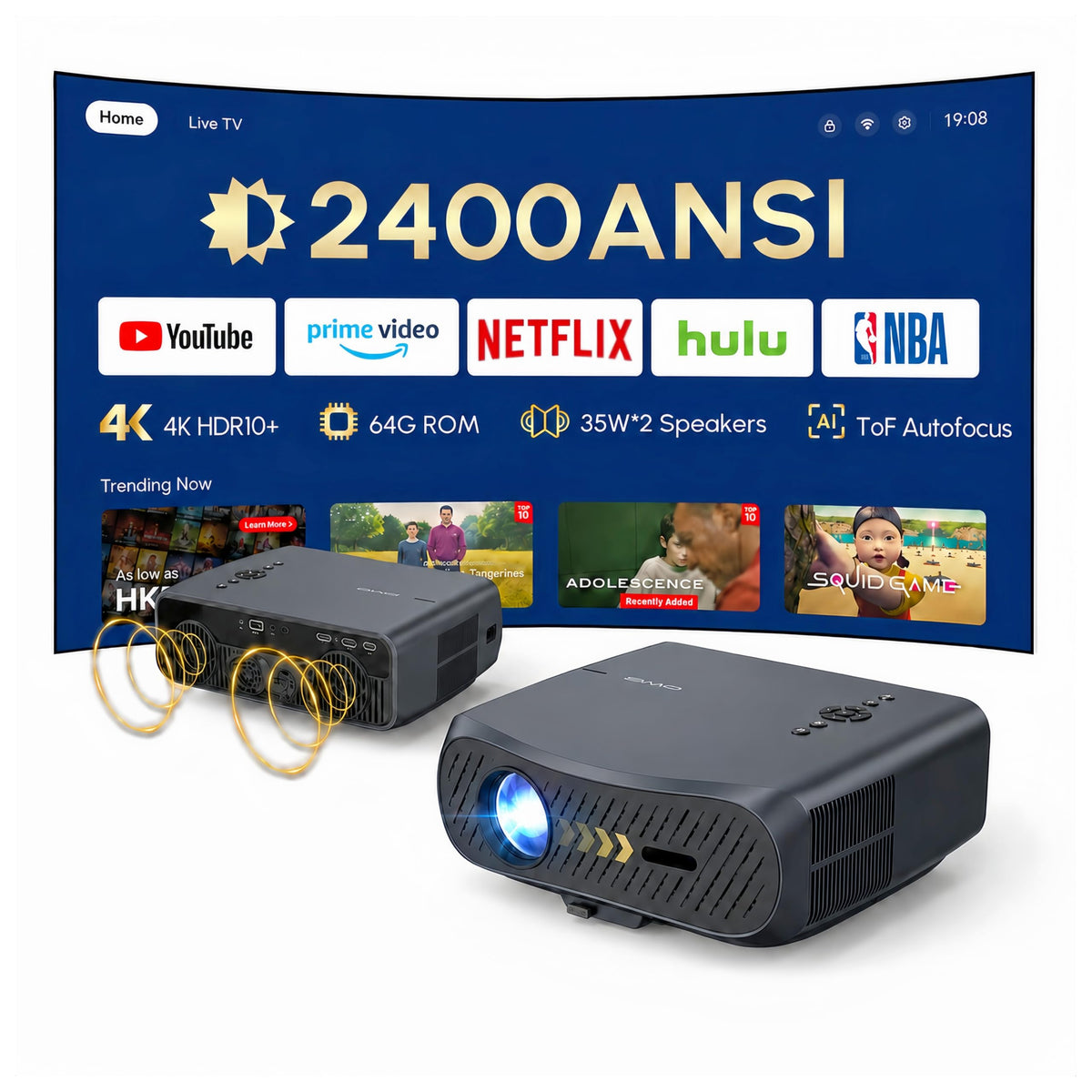 Google TV 4K Smart Projector Daylight Home Theater 2400 ANSI Lumen，38W Dolby Audio, ToF Auto Focus & Auto Keystone, Short Throw, WiFi 6, Bluetooth, HDMI ARC/CEC, NFC