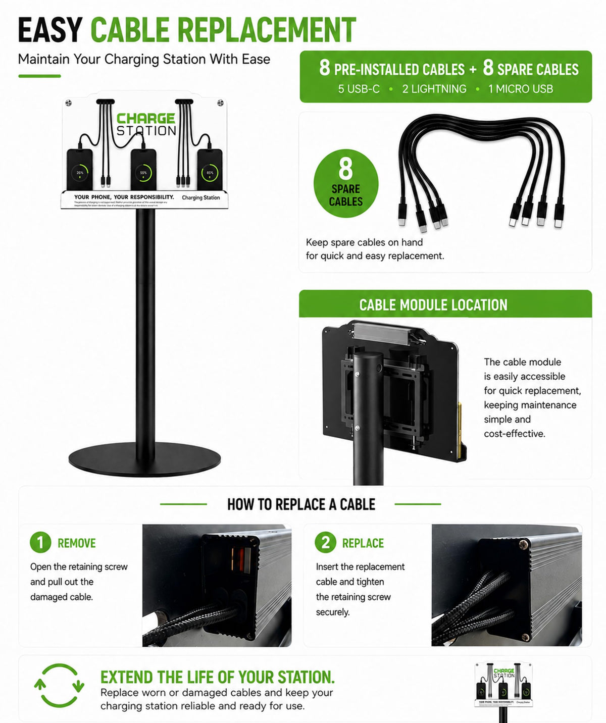 Commercial Floor Standing Phone Charging Station, 8 Cables