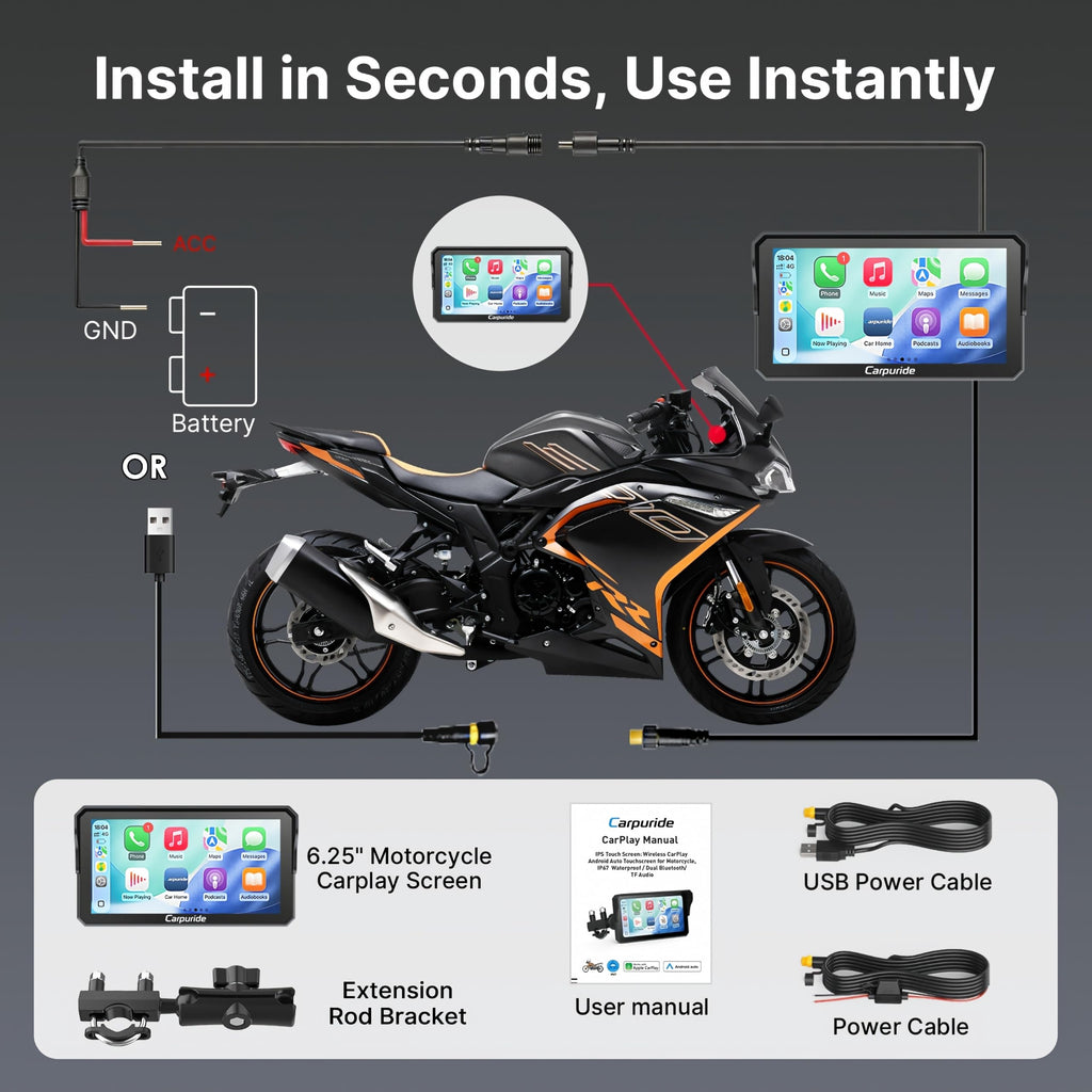 Carpuride W602 6.25" Motorcycle CarPlay Android Auto Screen GPS Navigation
