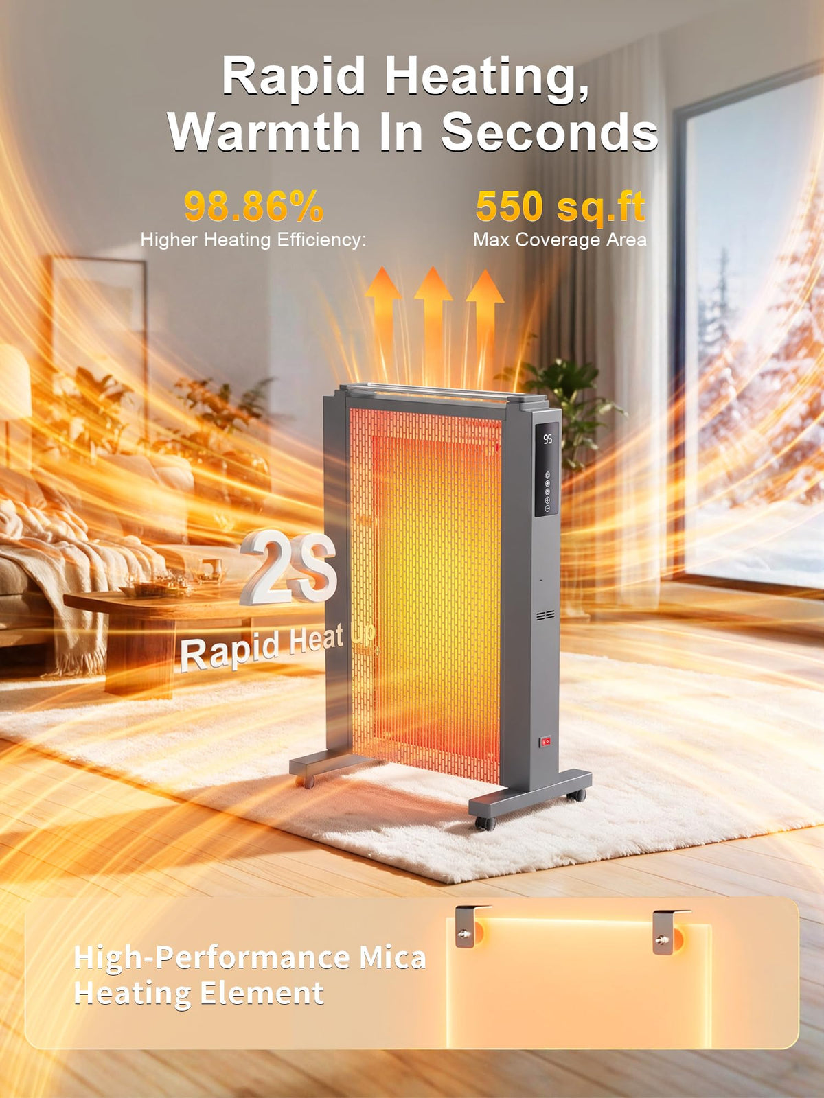Space Heater Large Room,Electric Mica Infrared Heaters for Indoor Use,Digital Thermostat,Energy Saving,Overheat & Tip-Over Protection,360°Whole Room Heater for Indoor,Bedroom,Office,Garage Gray