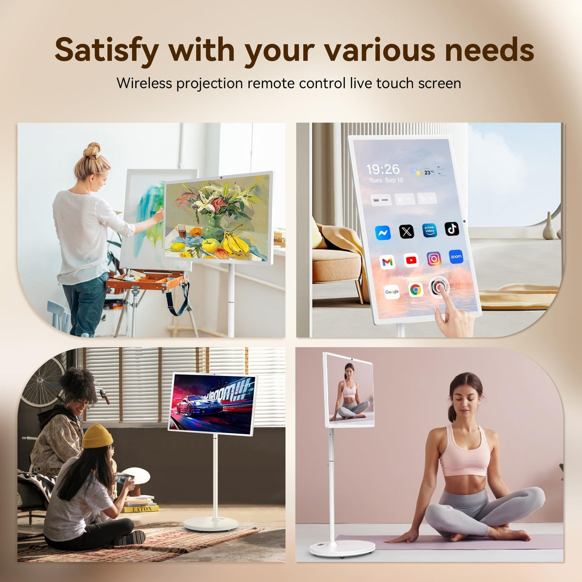 Bisprico 27" Portable Smart TV on Wheels, Qualcomm CPU, EDLA-Certified, Built-in 18000mAh Battery, 8+128GB, Android OS Touchscreen Rolling Tablet TV, Full Swivel Rotation, Remote Control, 13MP Webcam