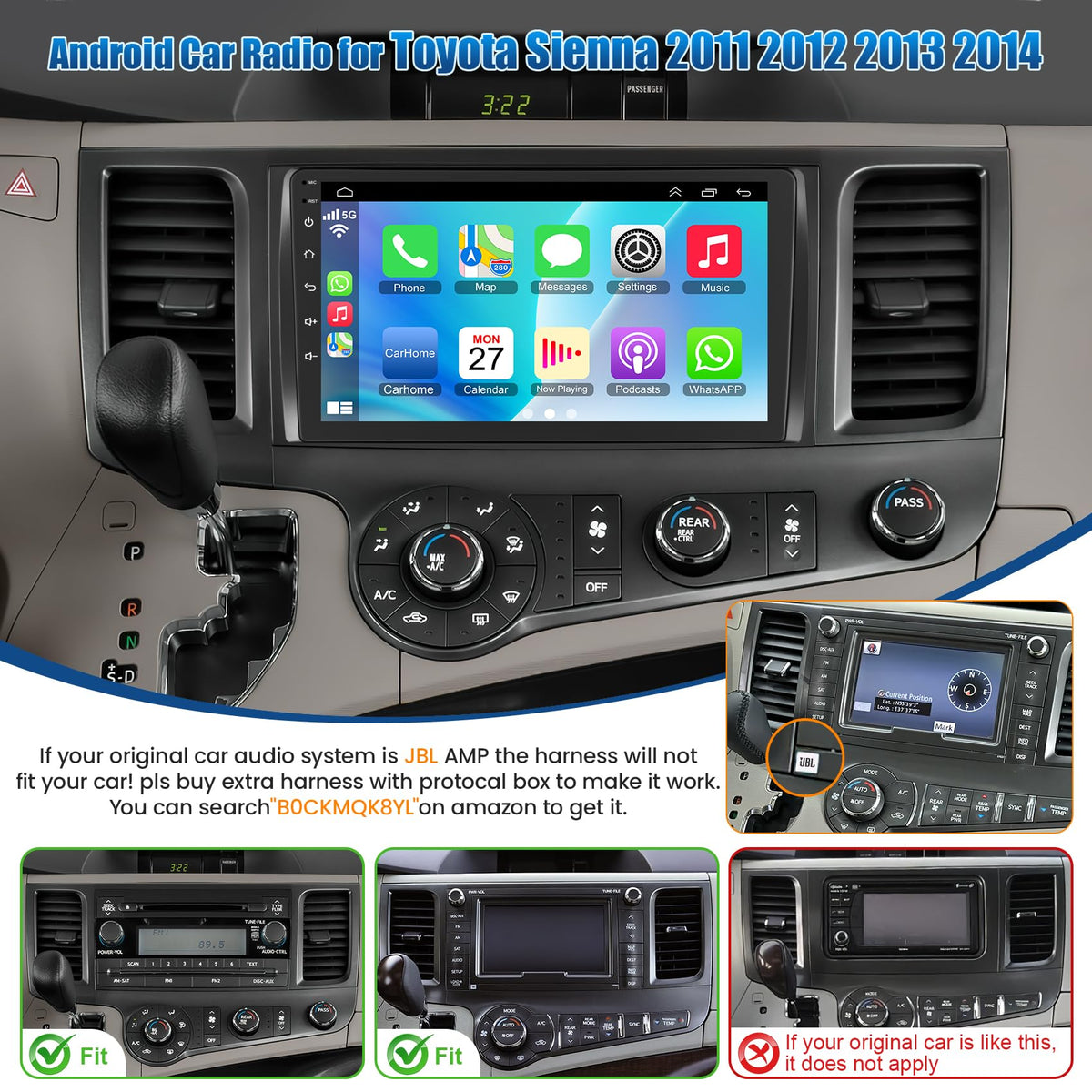 8 Core 6GB+128GB Car Radio for Toyota Sienna 2011-2014,9 Inch QLED Touch Screen Car Stereo with Carplay&Android Auto,WiFi,GPS Navigation,Bluetooth,FM&AM Radio,Android 15