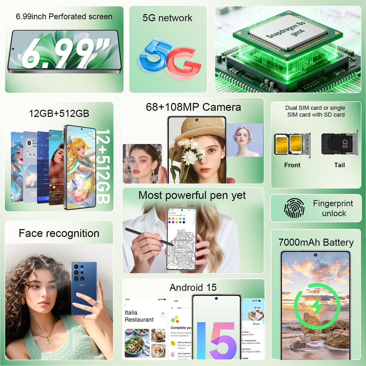 WWT 26 Ultra Unlocked Phone,Android 15 12+512GB Smartphone,Built in Pen The Phone,Cell Phone Battery 7000mAh 6.99" HD Screen,Dual SIM/5G/Face ID/Fingerprint Lock/GPS (Green)