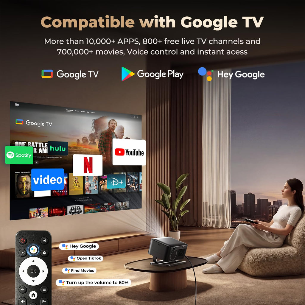 Portable Smart Projector 4K Support【Compatible with Google TV & 10k+Apps】