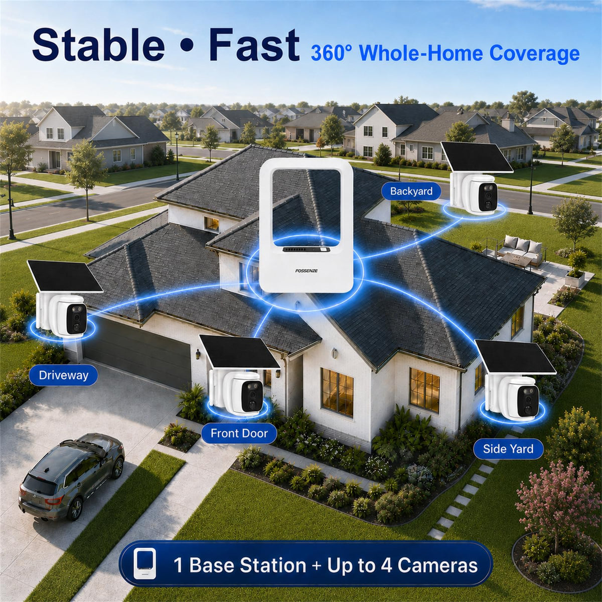 4 Pack Solar Security Cameras Wireless Outdoor, 2K WiFi Camera System with 64GB Local Storage, 360° Home Coverage, Color Night Vision, Human Detection, Two-Way Audio, No Monthly Fees