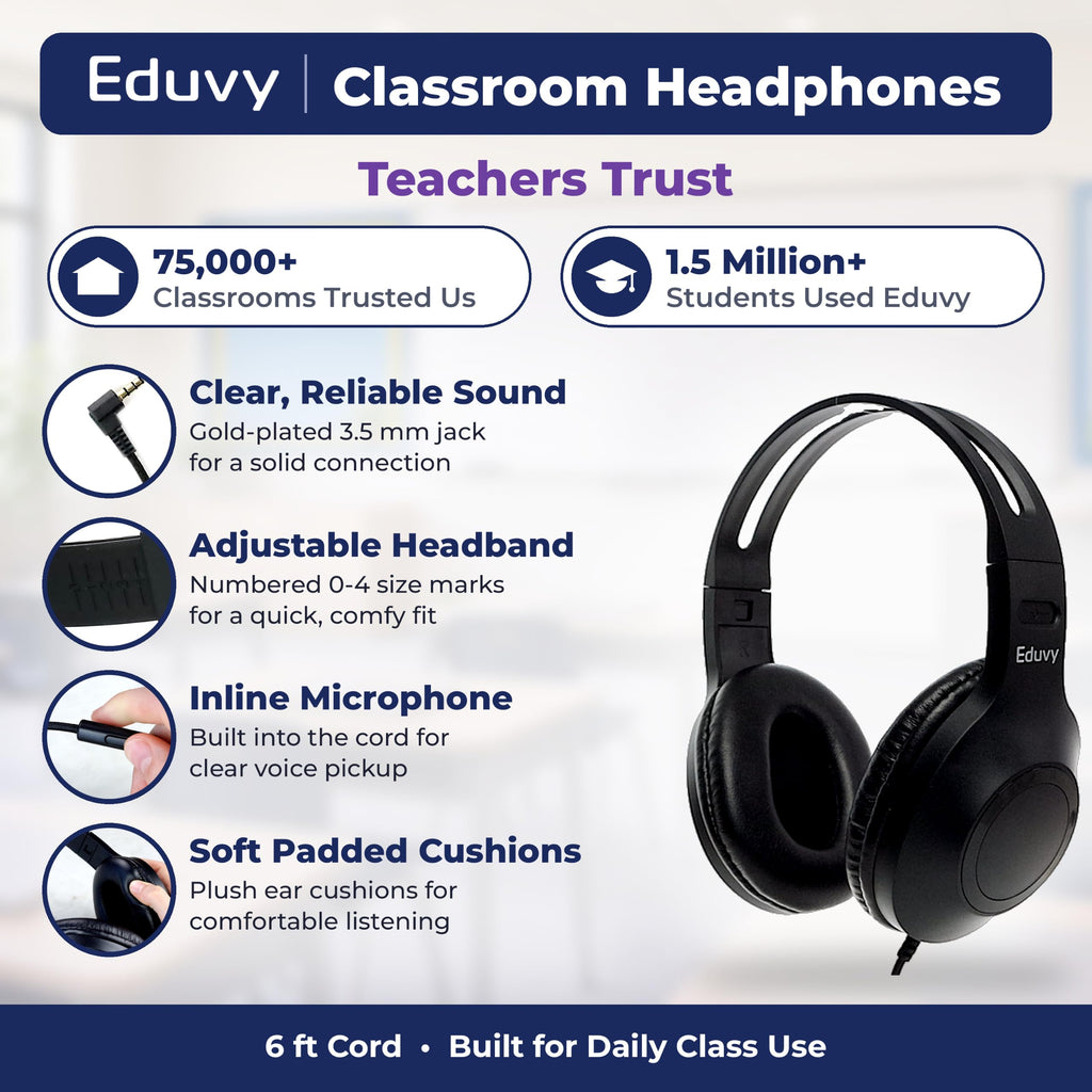 Classroom Headphones with Microphone Bulk 24 Pack, Wired Black Class Set