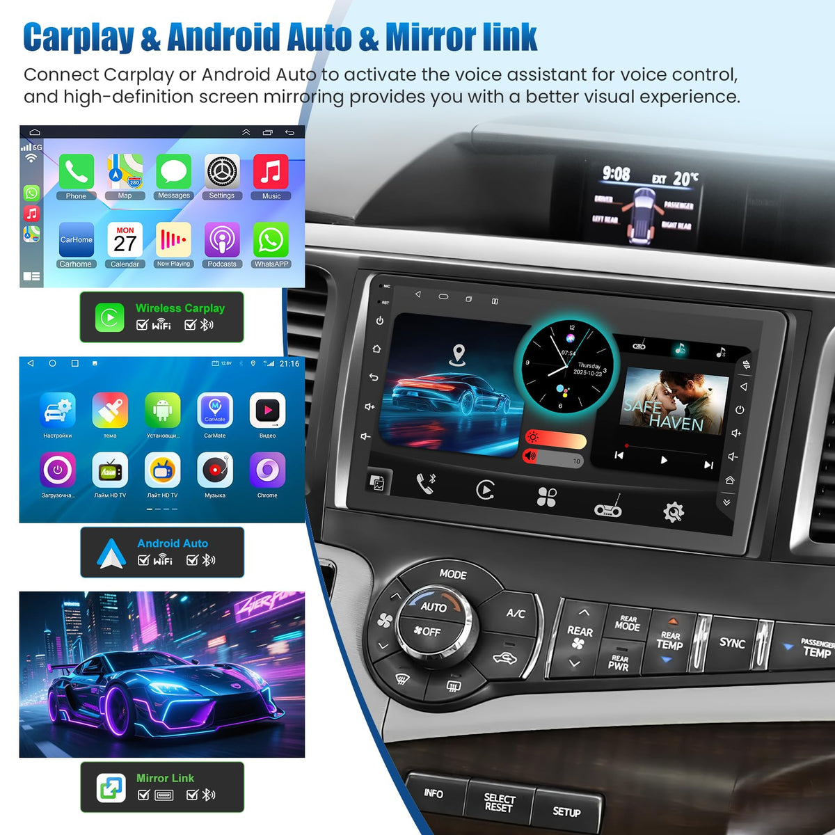8 Core 6GB+128GB Car Radio for Toyota Sienna 2011-2014,9 Inch QLED Touch Screen Car Stereo with Carplay&Android Auto,WiFi,GPS Navigation,Bluetooth,FM&AM Radio,Android 15