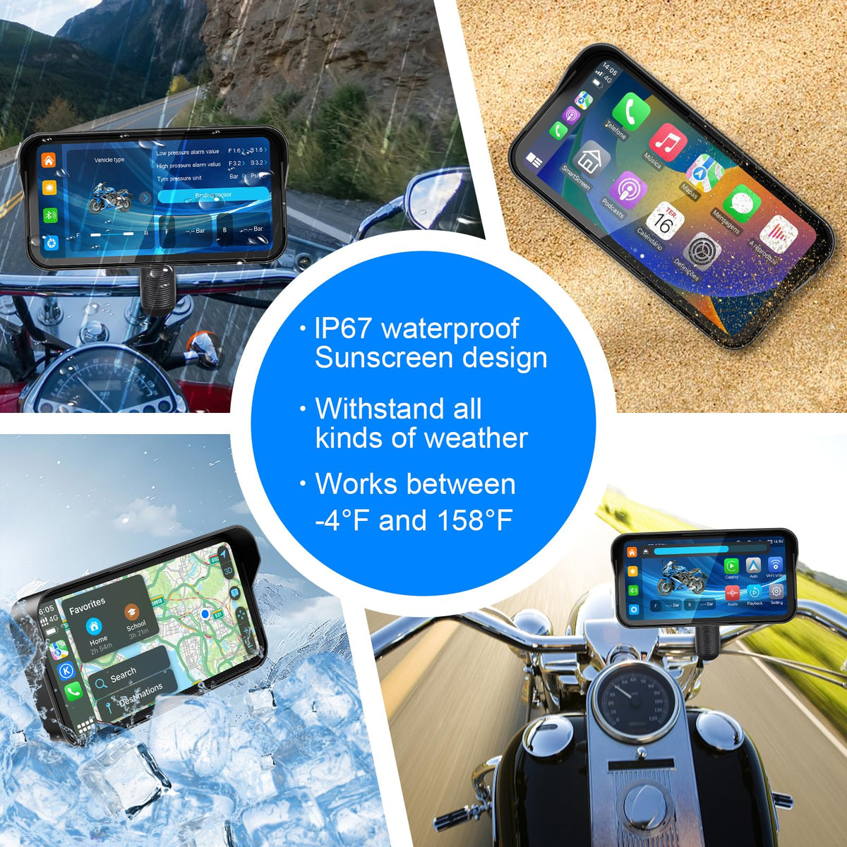 6.25" Motorcycle Carplay with HD Waterproof Touchscreen, Android Auto, TPMS, GPS Navigation System, Dash Cam, Remote Control, Loop Recording, Support Siri, Bluetooth, Inclued 128G SD Card