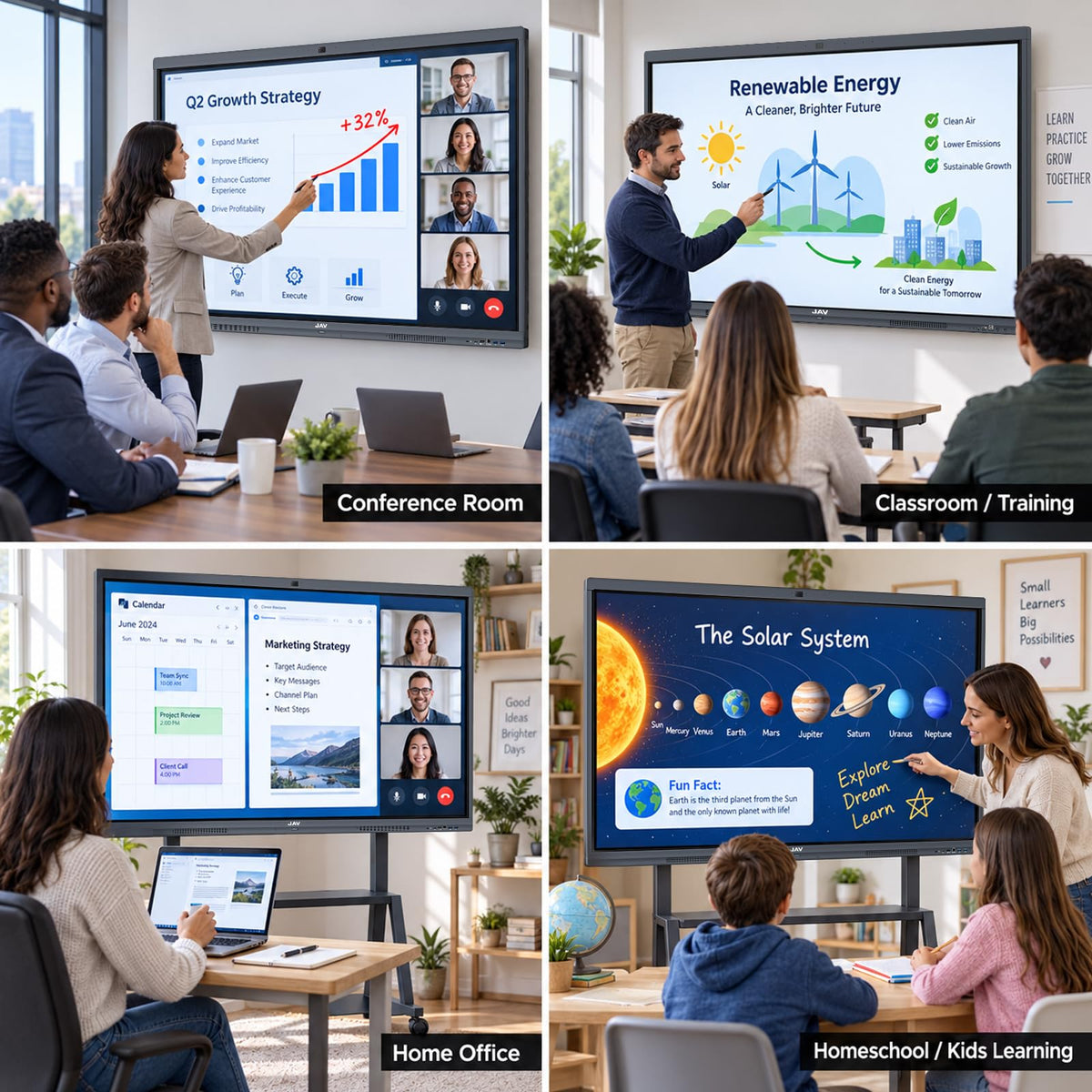 JAV 65 Inch Smart Board Pro, Google EDLA Certified 4K UHD Interactive Whiteboard for Classroom Home Office, Android 14, 8GB+128GB, 48MP AI Camera, Wi-Fi & Bluetooth