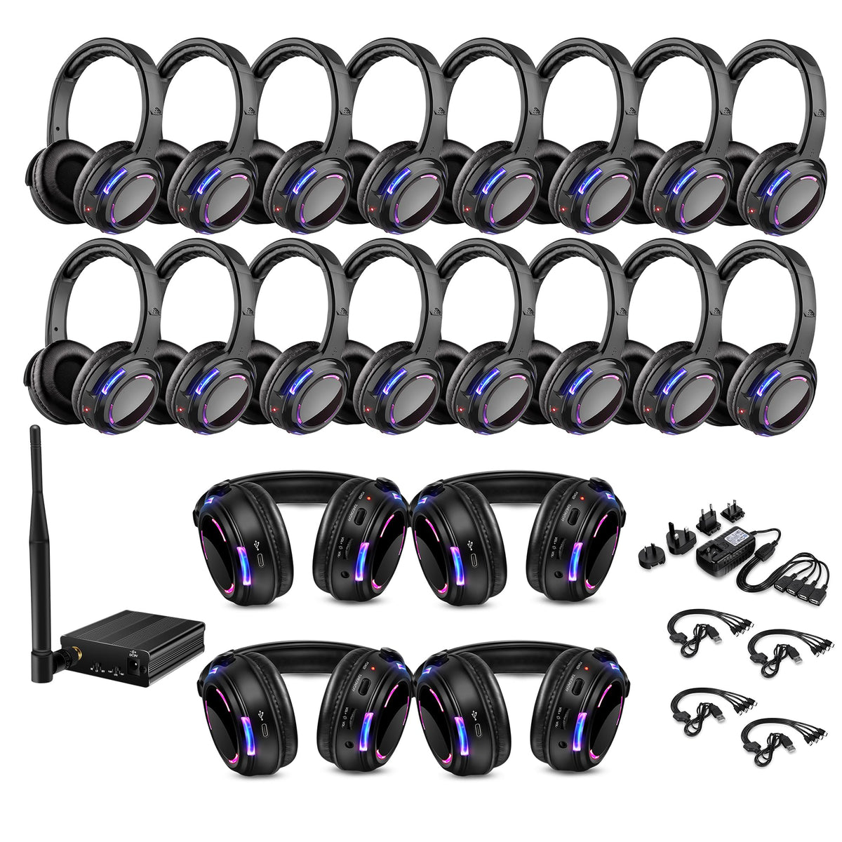 Professional Silent Disco LED Wireless Headphones and RF LED Silent Disco Earphones for iPod MP3 DJ Music Pary Club (20 led Headphone + 1 Transmitter)