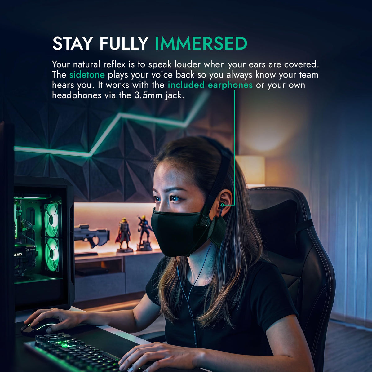 METADOX VEKTA Soundproof Gaming Mask – Up to 30 dB Sound Dampening – Clear-Voice Built-in Mic + Optional Earphones – Comfortable, Easy Breathing – USB Wired for PC/PS4/PS5/Switch/Mobile (S/M)