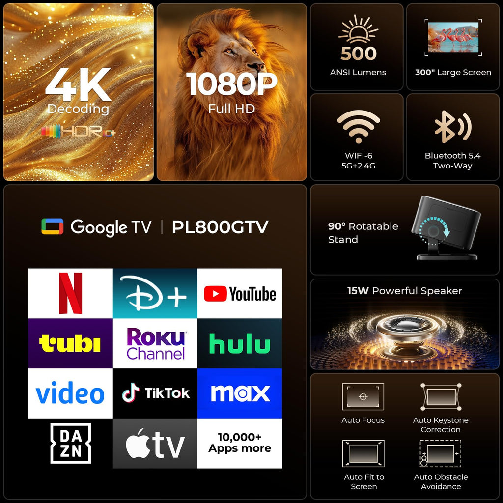 Portable Smart Projector 4K Support【Compatible with Google TV & 10k+Apps】