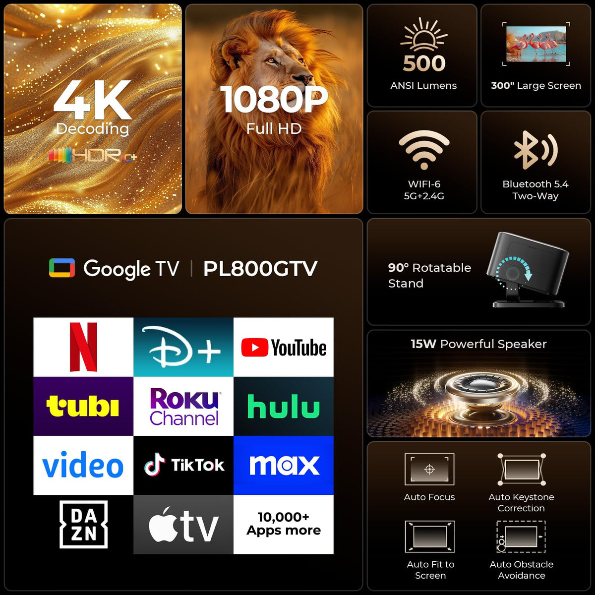 Portable Smart Projector 4K Support【Compatible with Google TV & 10k+Apps】