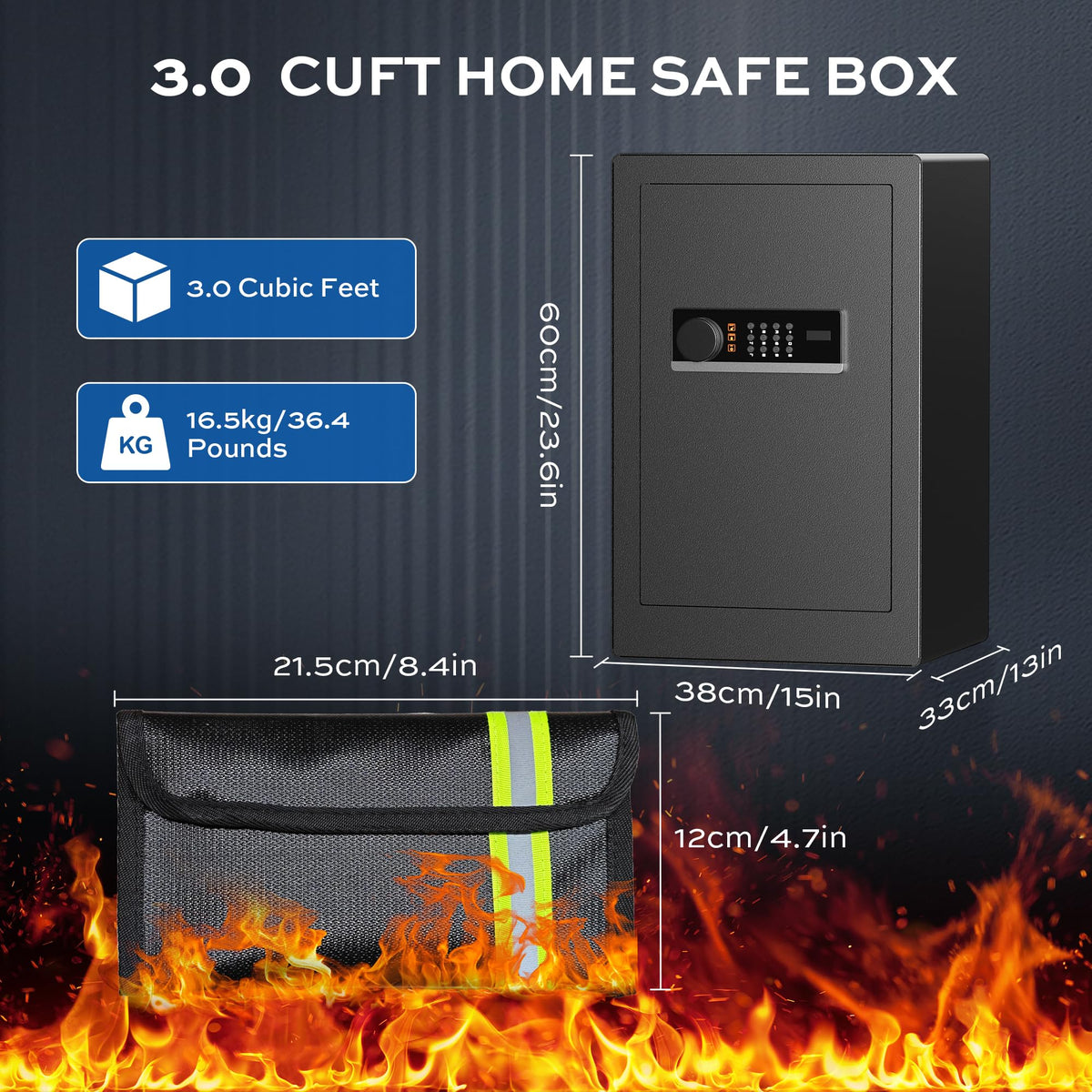 Large Steel Safe Box 3.0 Cuft for Home with LED Light, 6 Locking Bolts Electronic Safe Fireproof with Removable Shelves & Smart Alert, Digital Safe with Fireproof Bag for Document Hotel Office