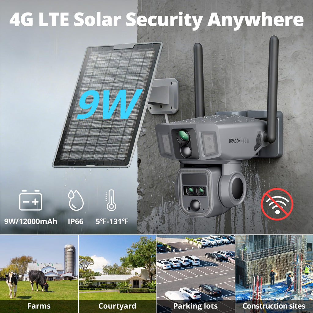 Dragon Touch 4G Cellular Security Camera, 4K Solar Camera Wireless Outdoor, 3 Lens Bullet-PTZ Cam, 360° View, 10X Optical Zoom, AI Track, Color Night Vision, 12000/9W Battery, 64GB Card Included