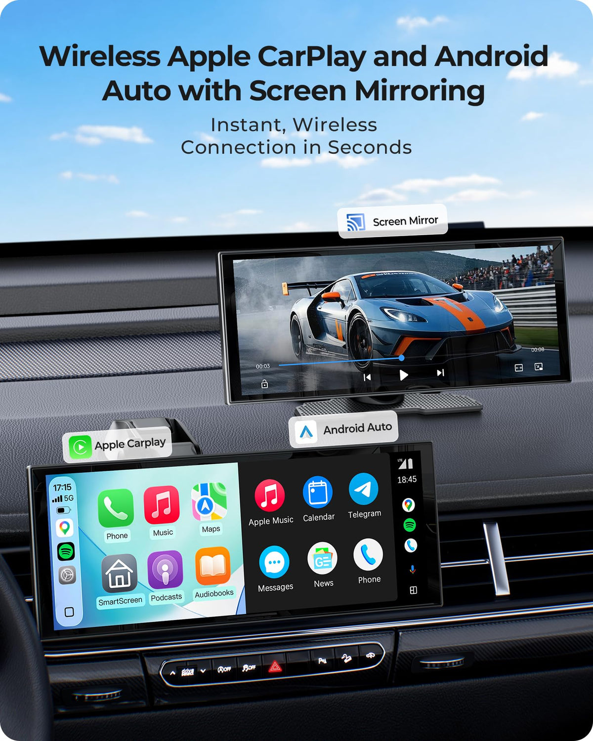 10.26" Wireless 60FPS CarPlay Screen with 4K Dash Cam & HD Backup Camera