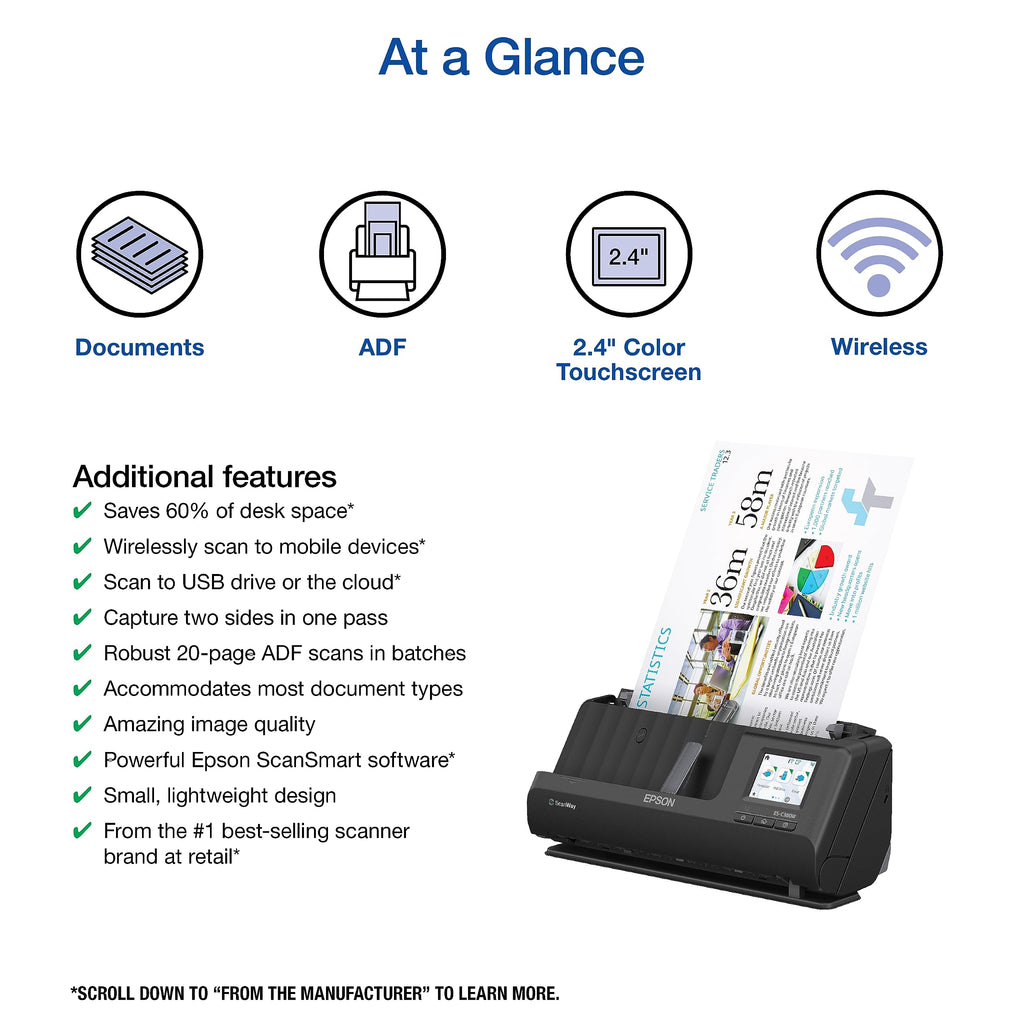 Epson Workforce ES-C380W Wireless Compact Desktop Document Scanner with 2-Sided Scanning and Auto Document Feeder (ADF) for PC and Mac