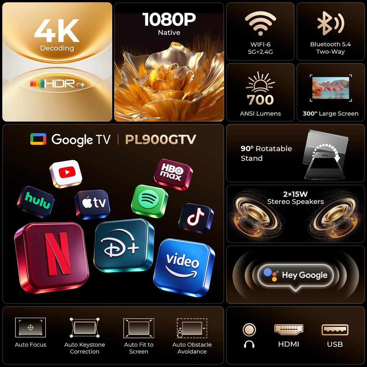 Smart Video Projector 4K Support【Compatible with Google TV & 10k+ Apps】