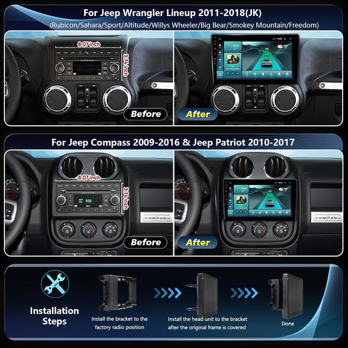 10.2 inch Car Radio Replacement for Jeep Wrangler JK 2007-2018 4GB+64GB Touchscreen Stereo with Wireless CarPlay Android Auto - 1080P Backup Camera GPS Navigation
