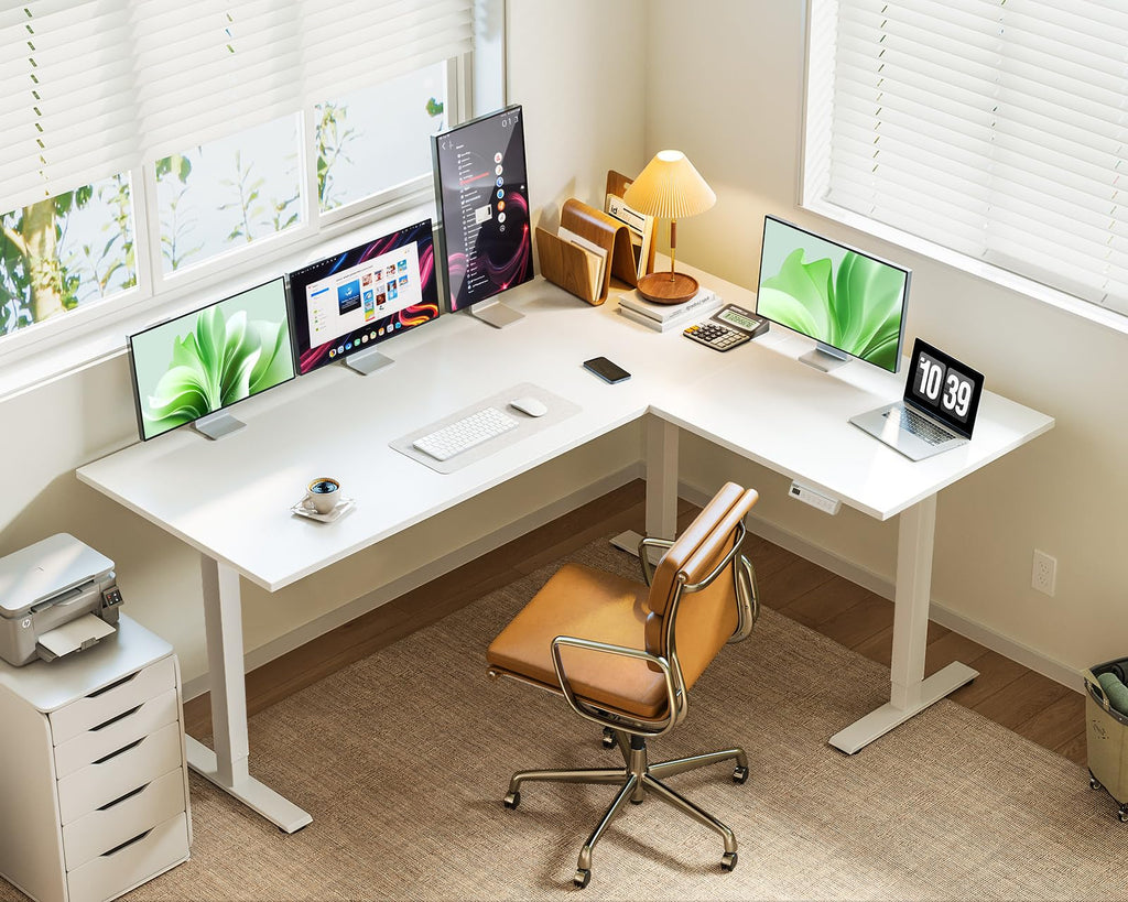 Casaottima 63 Inch L Shaped Electric Standing Desk, Home Office, White