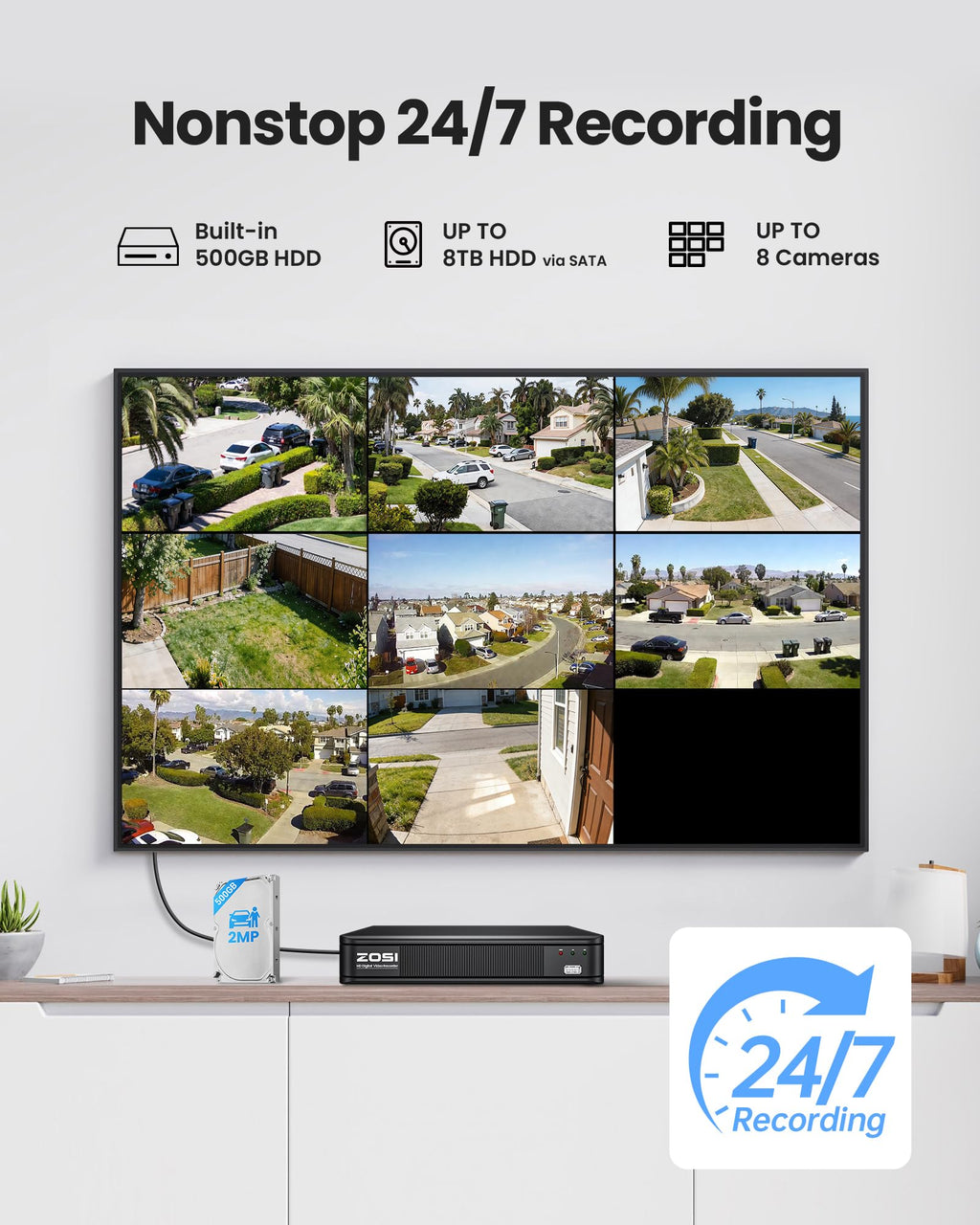 ZOSI 8CH 5MP Security DVR System, 4 x 1080p PT Audio Cameras, 500GB HDD