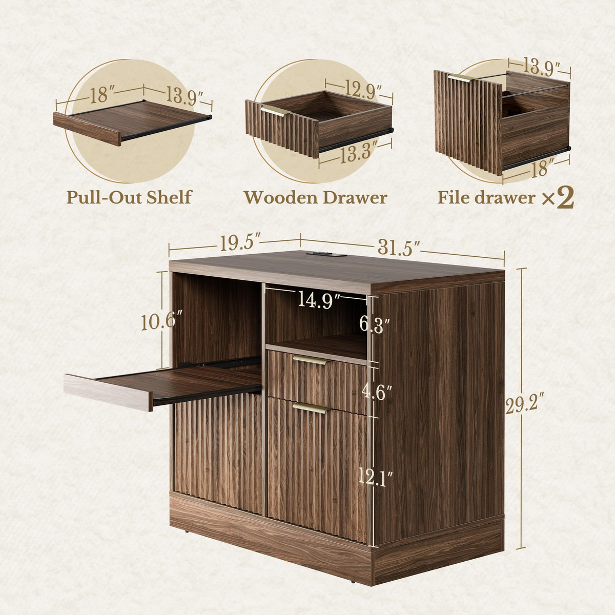 3 Drawer File Cabinet, Fluted Wood Lateral Filing Cabinet with Charging Station for Home Office, Fits for A4/Letter-Sized Files, Printer Stand with Open Storage Shelves, Black Walnut
