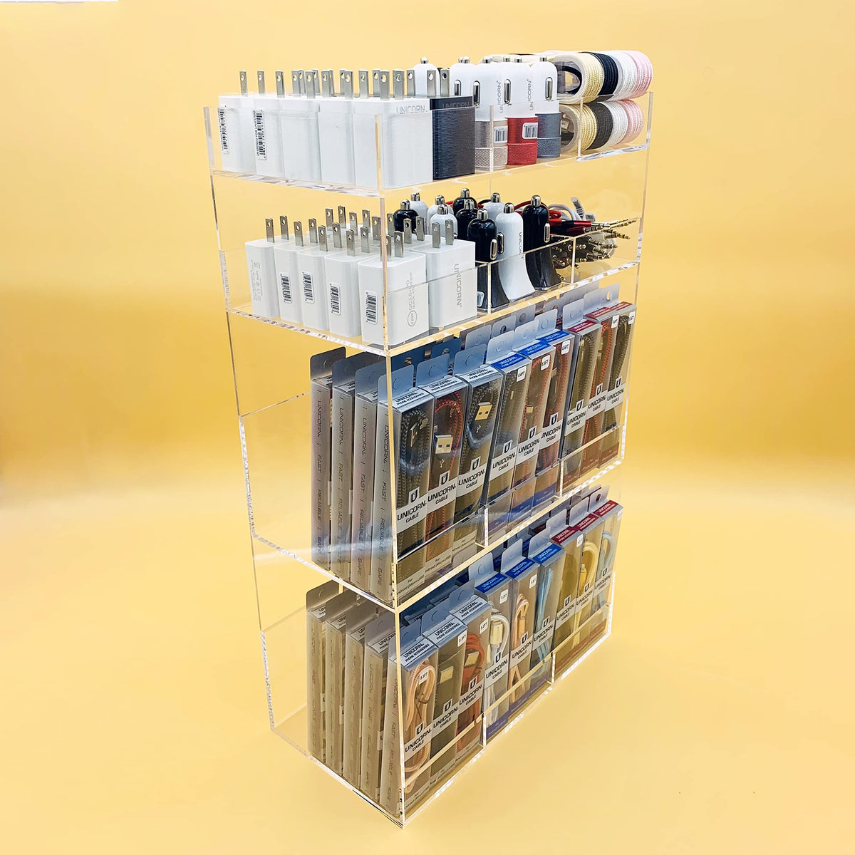 Unicorn's Acrylic Counter Top Display with 120 Cell Phone Accessories - 12 Compartments 20x12x6 inch Premium Wholesale Phone Supply