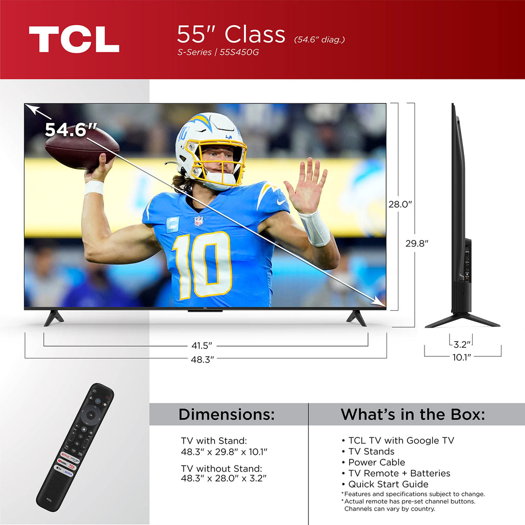 TCL 55-Inch Class S4 4K LED Smart TV with Google (55S450G, 2023 Model), Dolby Vision, HDR Pro, Atmos, Assistant Built-in Voice Remote, Works Alexa, Streaming UHD Television