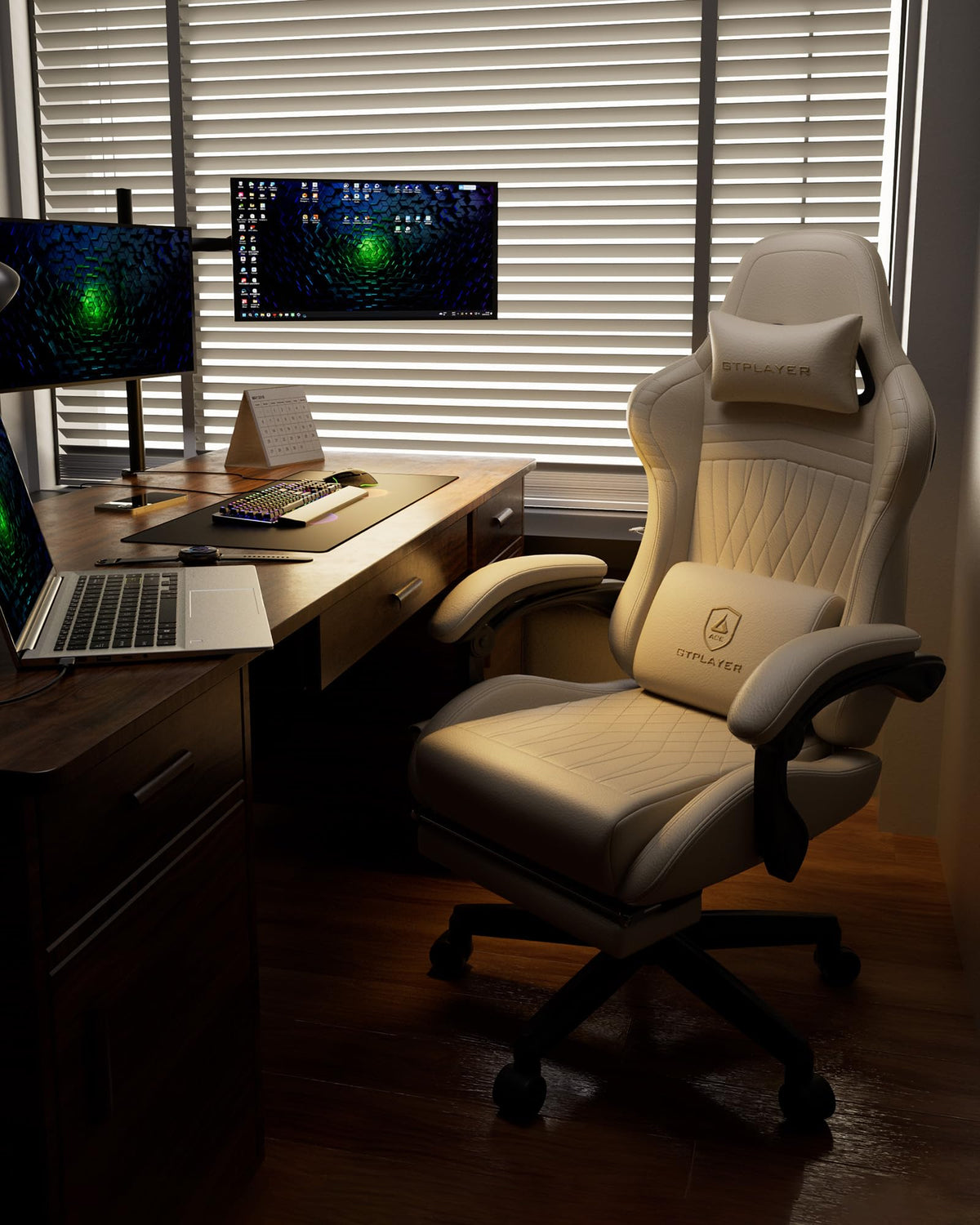 GTPLAYER Gaming Chair with Speakers ACE-PRO, Computer Video Game Chairs with Footrest for Adults, Built-in Speakers, App Support & Bluetooth Control, Ergonomic Reclining Silla, Linkage Armrest, Ivory