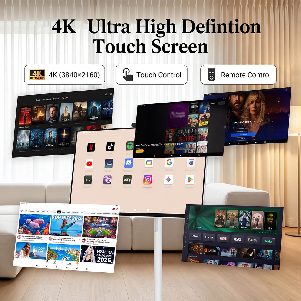 32 Inch 4K UHD Smart Board, Portable TV with Rolling Stand, Touch Screen