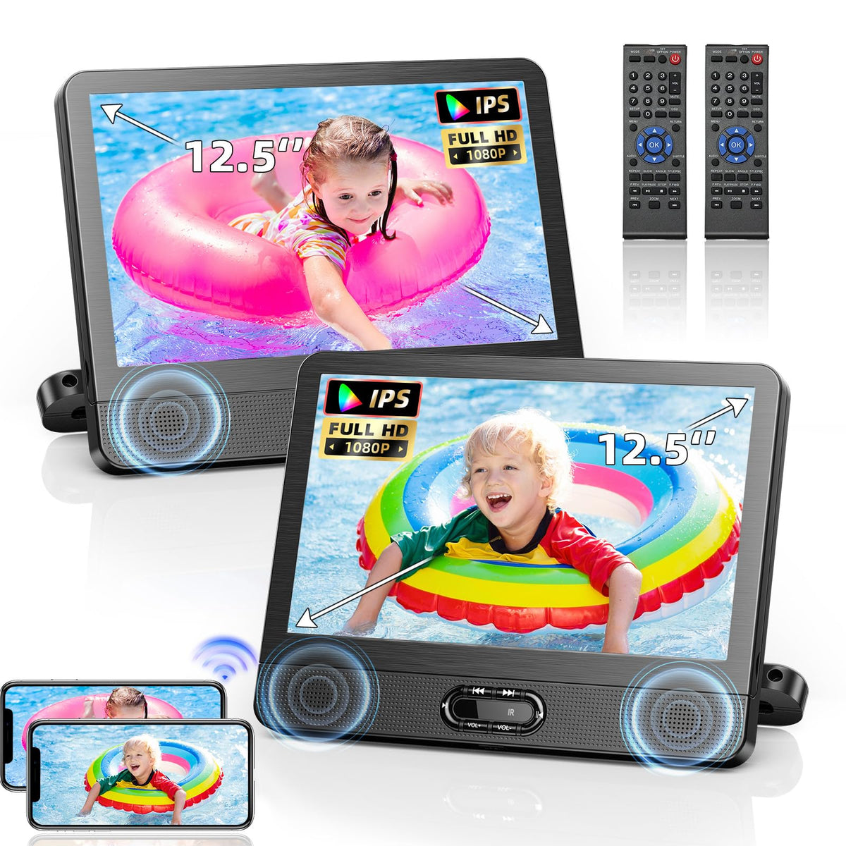 12.5" FHD IPS Display Dual Portable DVD Player, Wireless Screen Mirroring