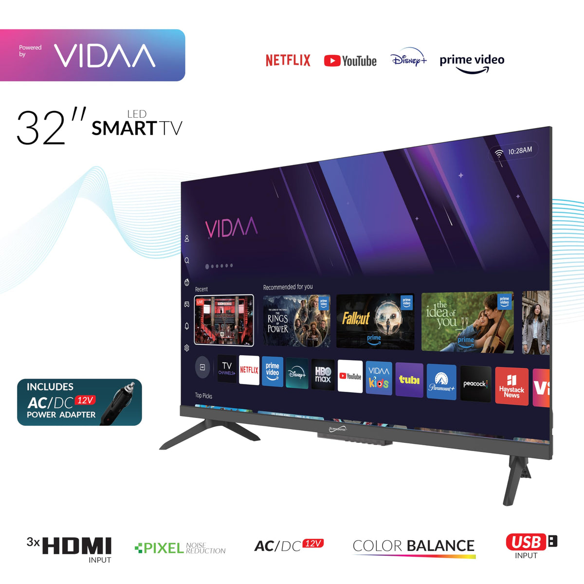 Supersonic SC-3220VTV 32” VIDAA LED SMART TV w/Built-in WiFi, 3 HDMI (ARC), USB Media Player for Photos/Music, AC/DC Car Cord Included, Speakers + Remote, Sleep Timer, 178° Wide Viewing Angles