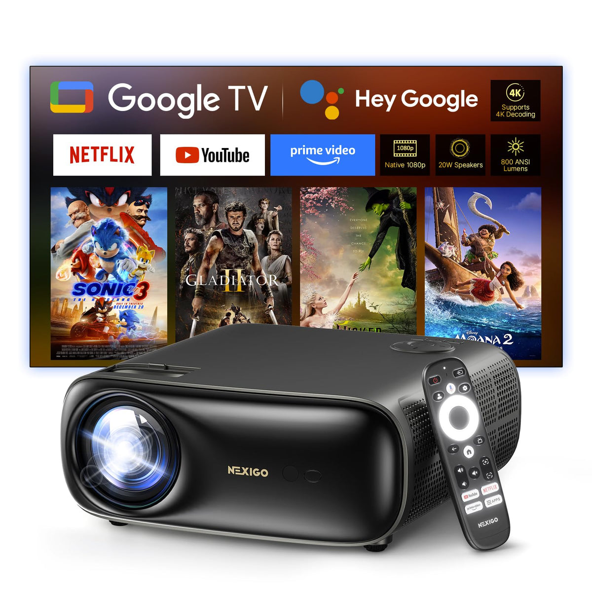 NexiGo PJ40 Projector with WiFi and Bluetooth, Native 1080P, 4K Supported, Projector for Outdoor Movies, 300 Inch, Zoomable, 20W Speakers, Home Theater, Compatible w/TV Stick, iOS, Android