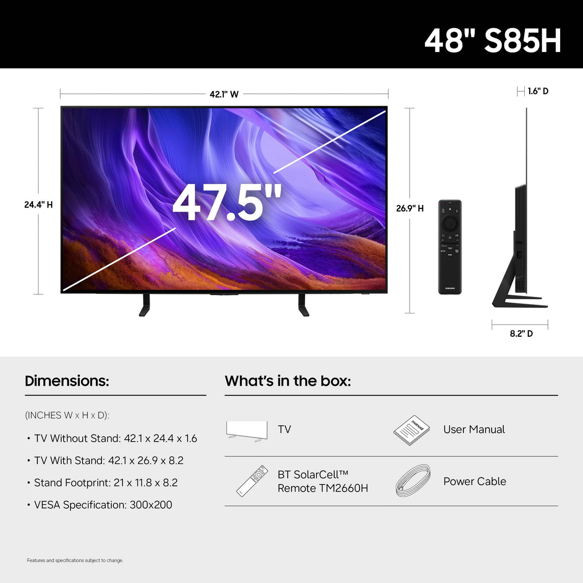 Samsung 48-Inch Class S85H Series, OLED, 4K, Smart TV, 2026 Model