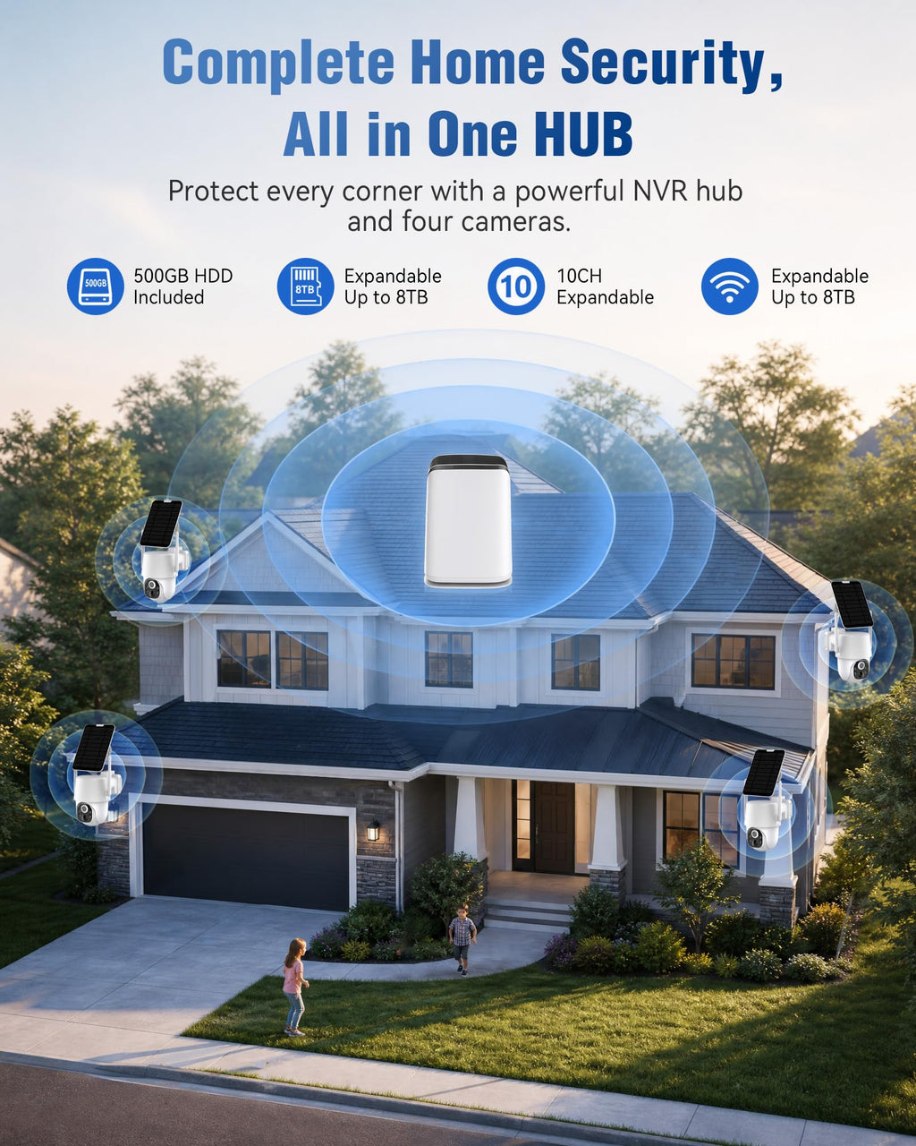 5MP Solar Security Cameras Wireless Outdoor System, 500GB HDD Local Storage, No Subscription, 4-Cam Kit, Up to 10CH, Two-Way Audio, Color Night Vision, 5G/2.4GHz WiFi, TV & Monitor Viewing