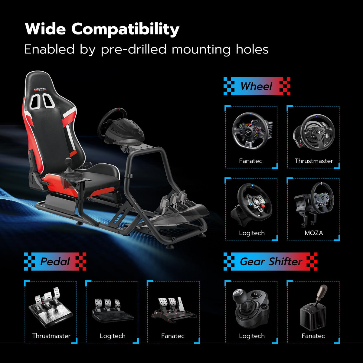 ARES WING Racing Simulator Cockpit, Sim Racing Wheel Stand with Seat, Red