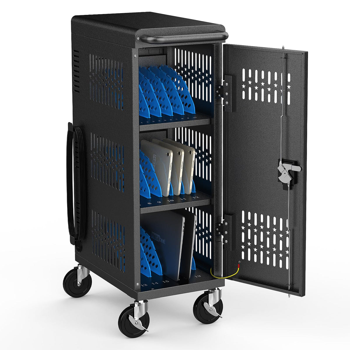 16-Device Laptops Charging Cabinet, Locking Charging Station for Chromebook iPads, Tablet Charging Storage Box for Classroom Library Office, Lock Laptop Charging Storage Cabinet, Black