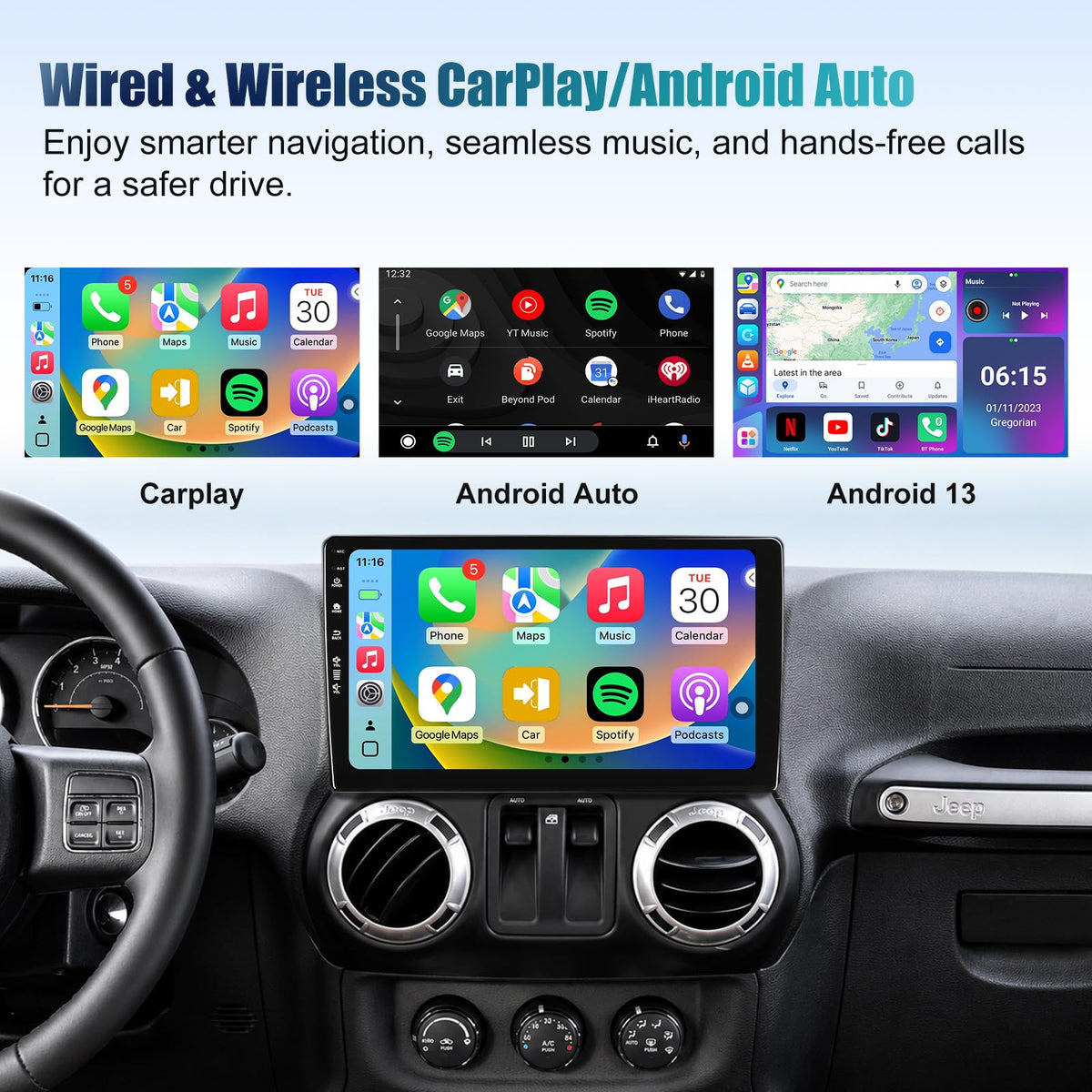 Android 4Core 64G Upgrade Car Radio Stereo for Jeep Wrangler JK 2007-2018 Compass Grand Cherokee Dodge Ram CarPlay & Android Auto Head Unit, 10" QLED Touchscreen/GPS Navigation/HD Backup Camera/WiFi